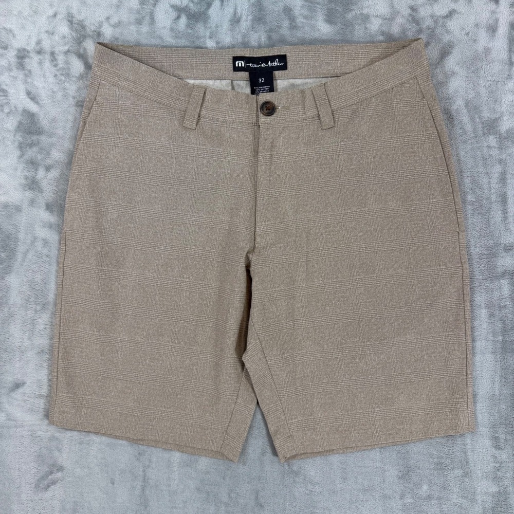 Travis Mathew Performance Stretch Golf Shorts Mens Size 32 Tan Plaid Khaki